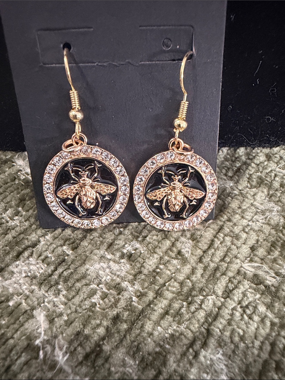 Gold Bee Drop Earrings with Black Enamel and Crystal Halo